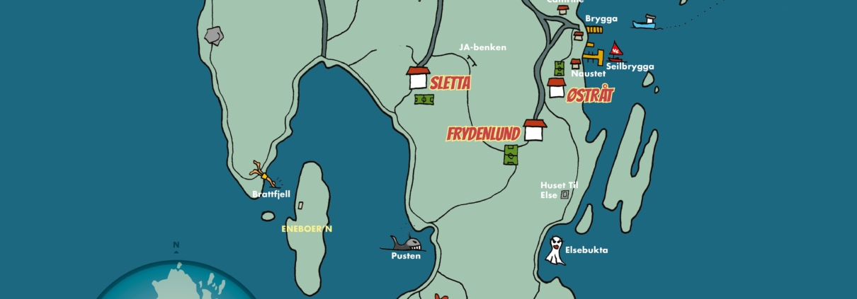 Animert kart over Hudøy med oversikt over hvor Campene ligger på øya.