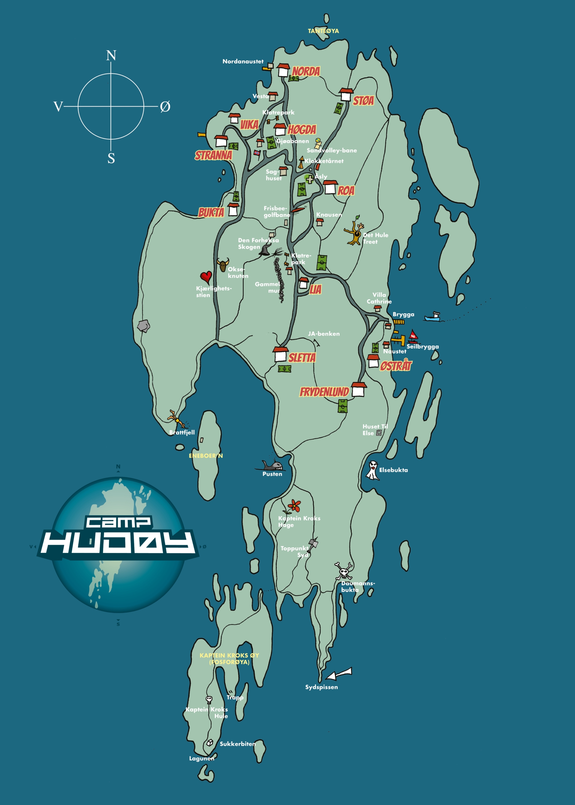 Animert kart over Hudøy med oversikt over hvor Campene ligger på øya.